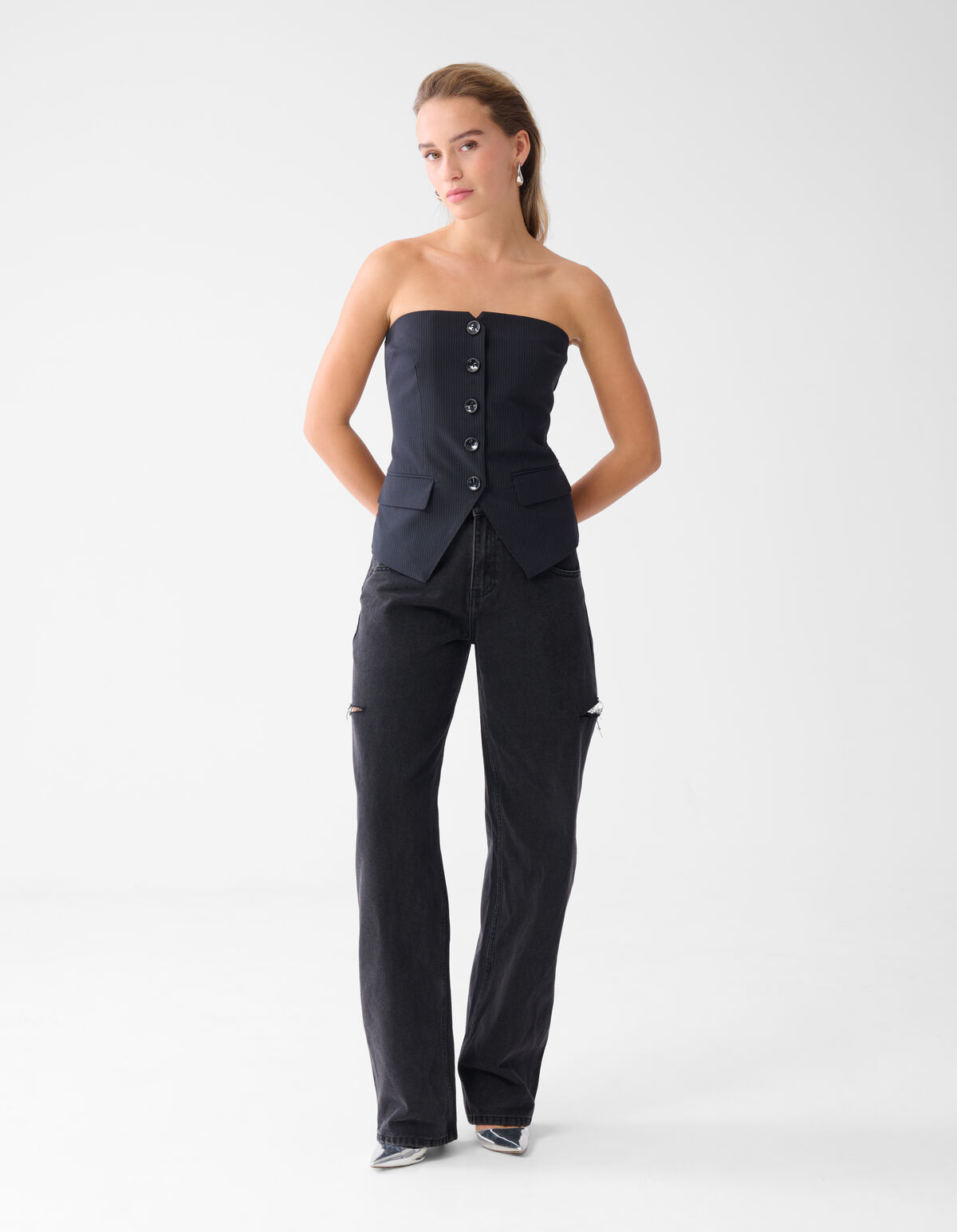 Trägerloses Top mit Nadelstreifen Schwarz SHOEBY WOMEN