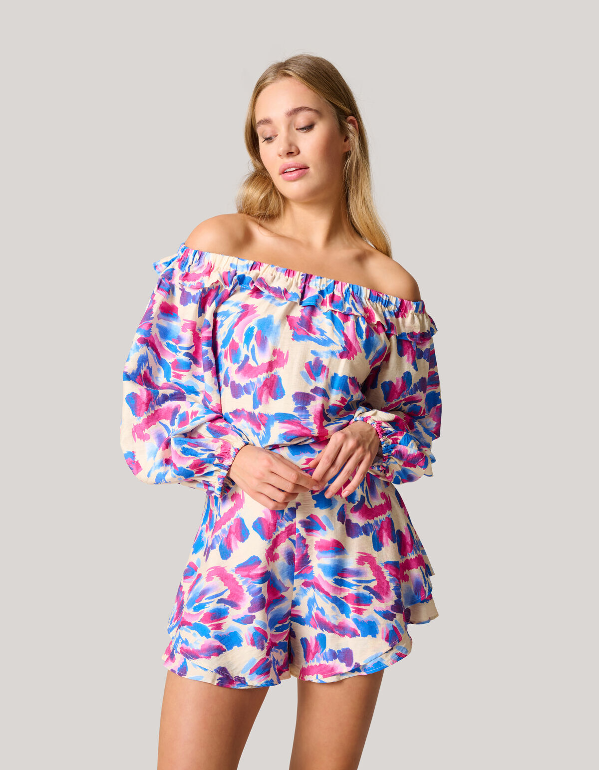 Bedrucktes schulterfreies Top Gebroken Wit SHOEBY WOMEN