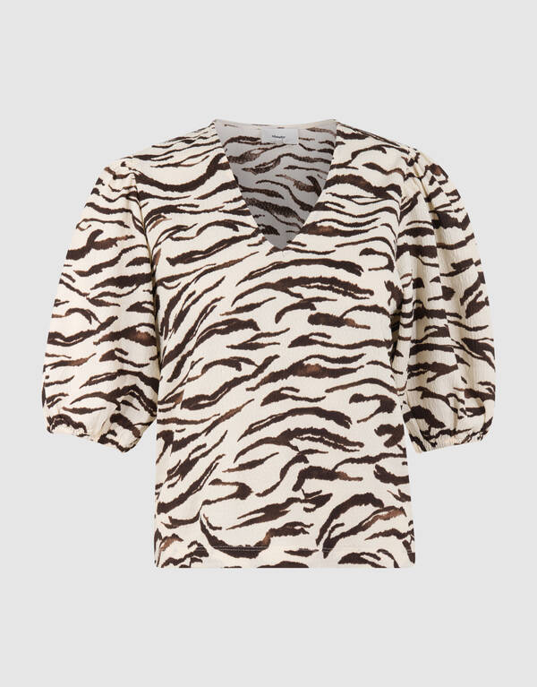 Zebra Crinkle V-Ausschnitt Top Gebrochenes Wei&szlig; SHOEBY WOMEN