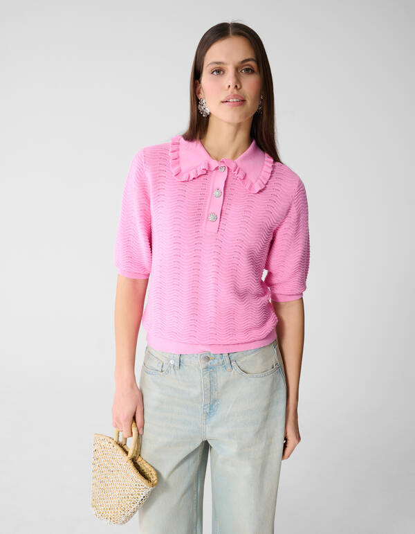 Gestricktes R&uuml;schen-Poloshirt Rosa SHOEBY WOMEN