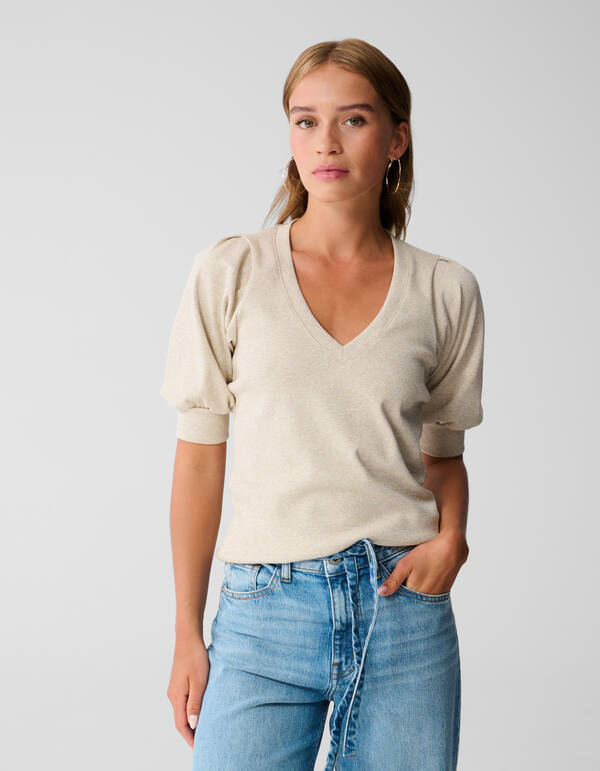 Puff-V-Ausschnitt-Top Beige SHOEBY WOMEN
