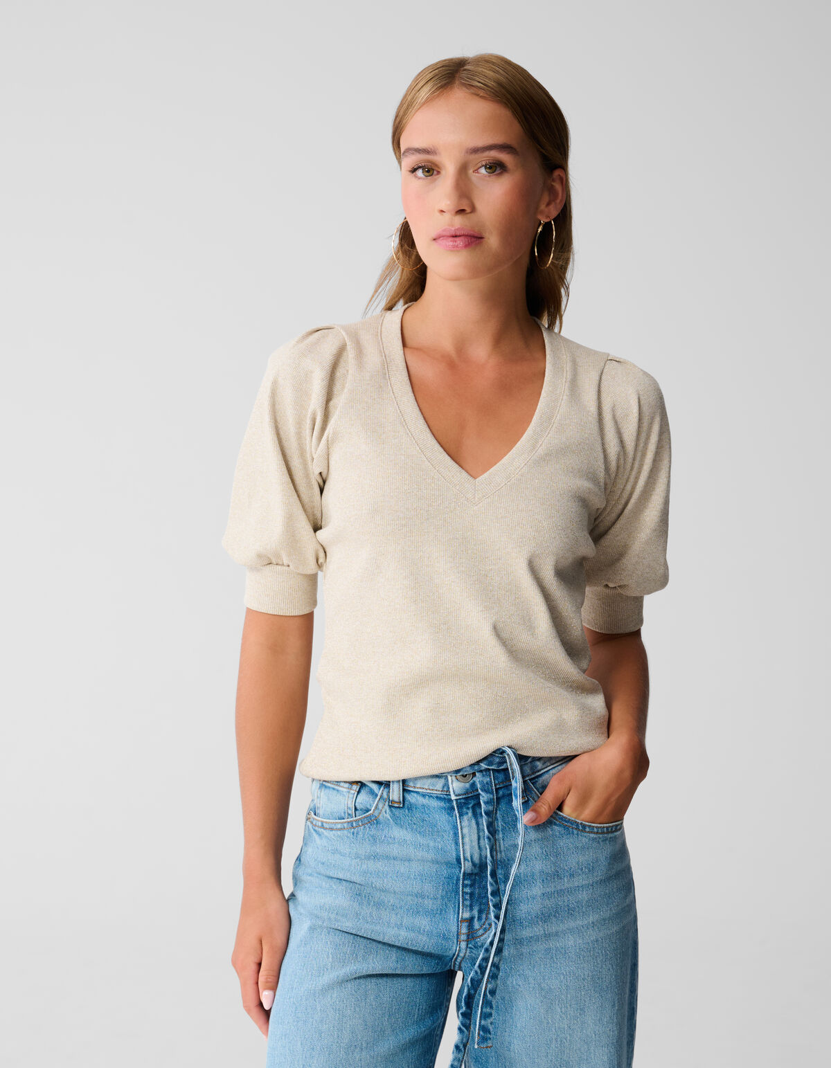 Puff-V-Ausschnitt-Top Beige SHOEBY WOMEN