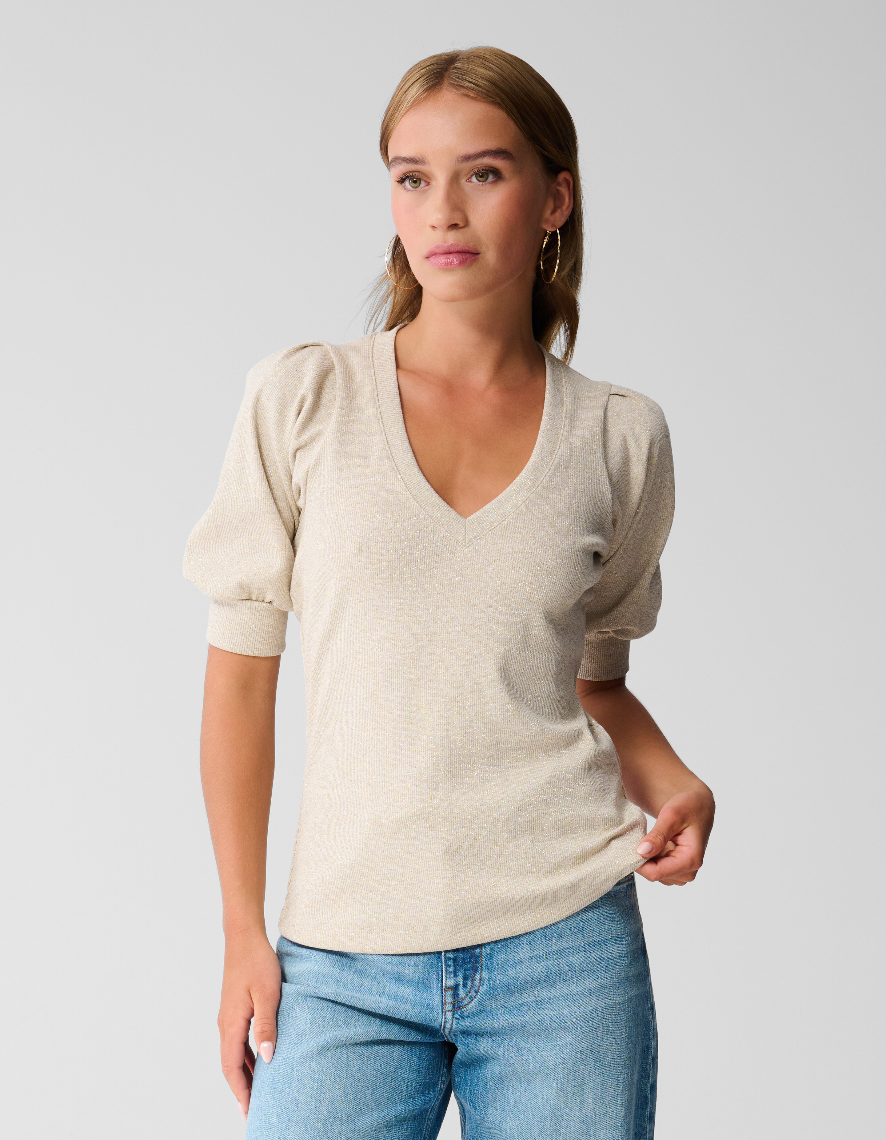 Puff-V-Ausschnitt-Top Beige SHOEBY WOMEN