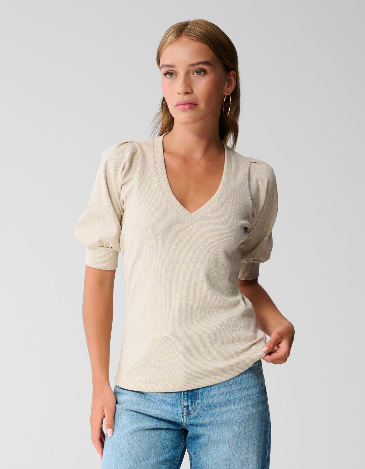 Puff-V-Ausschnitt-Top Beige SHOEBY WOMEN