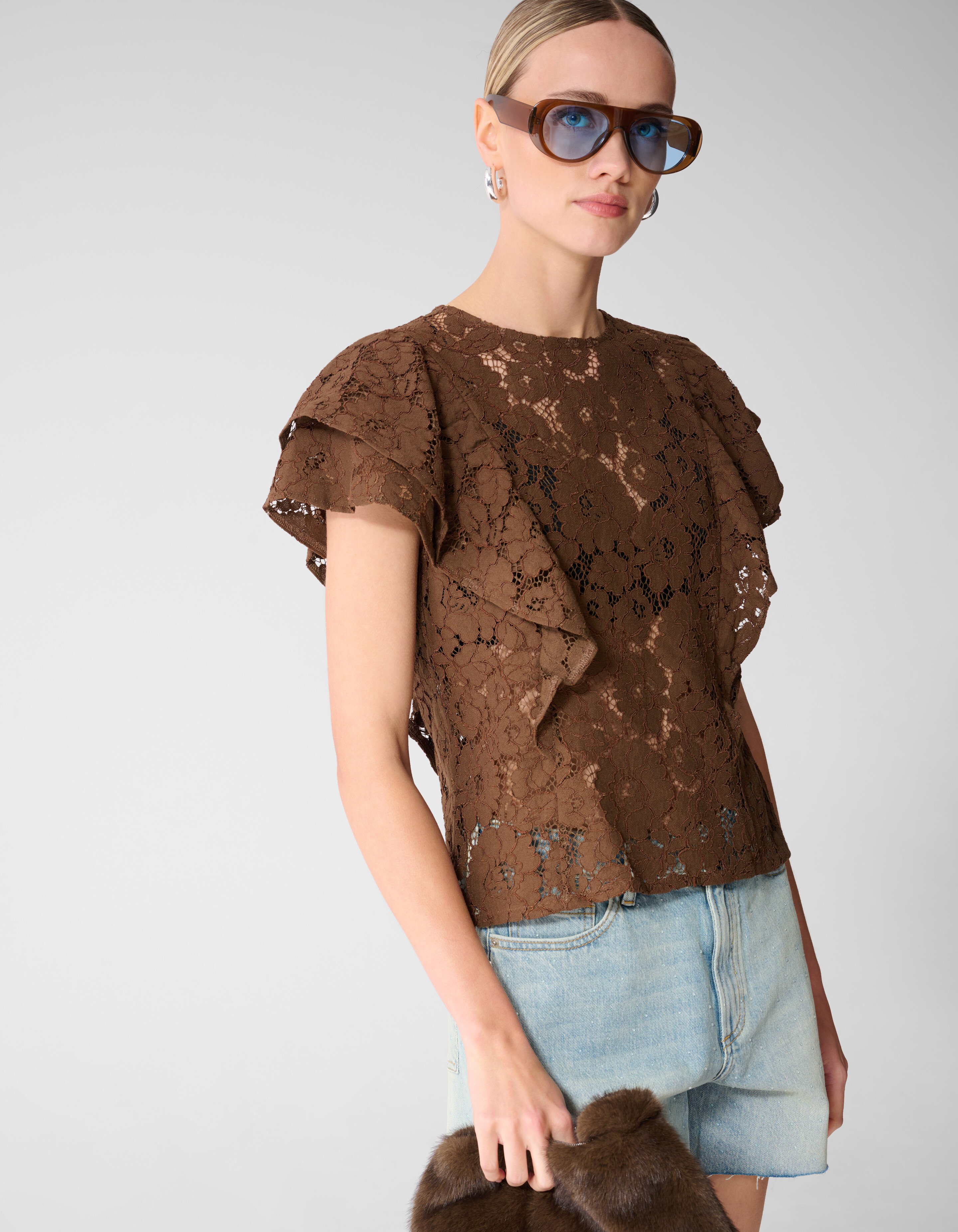 Kanten R&uuml;schen Top Braun SHOEBY WOMEN