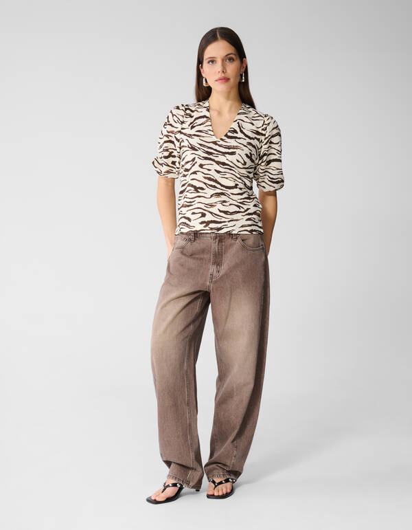 Zebra Crinkle V-Ausschnitt Top Gebrochenes Wei&szlig; SHOEBY WOMEN