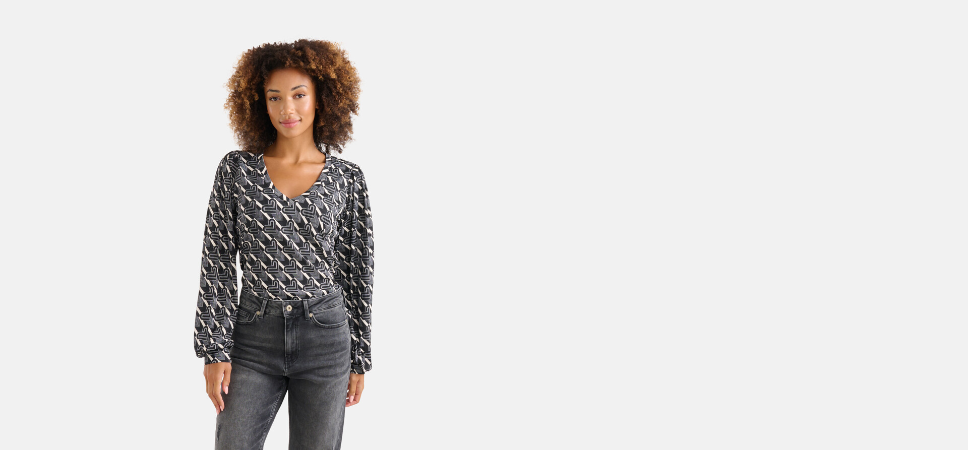 Printed Rib Longsleeve Zwart/Wit SHOEBY WOMEN