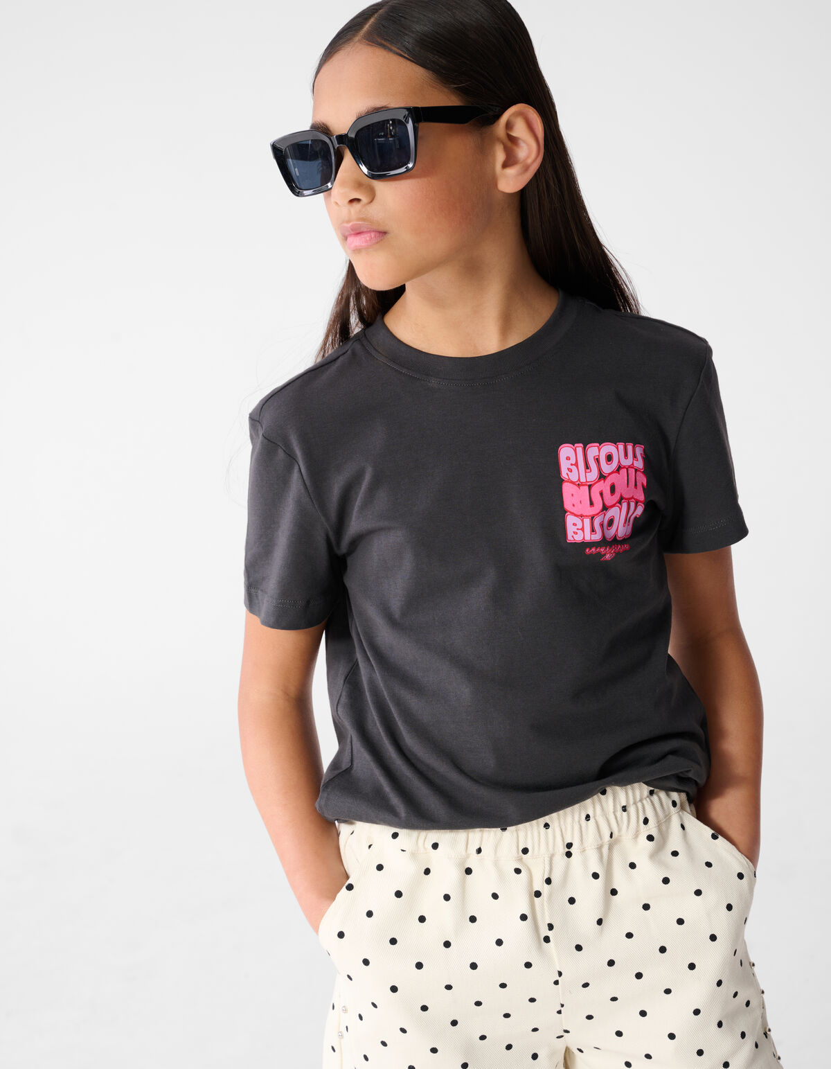 Bisous Glitter Artwork T-Shirt Dunkelgrau SHOEBY GIRLS