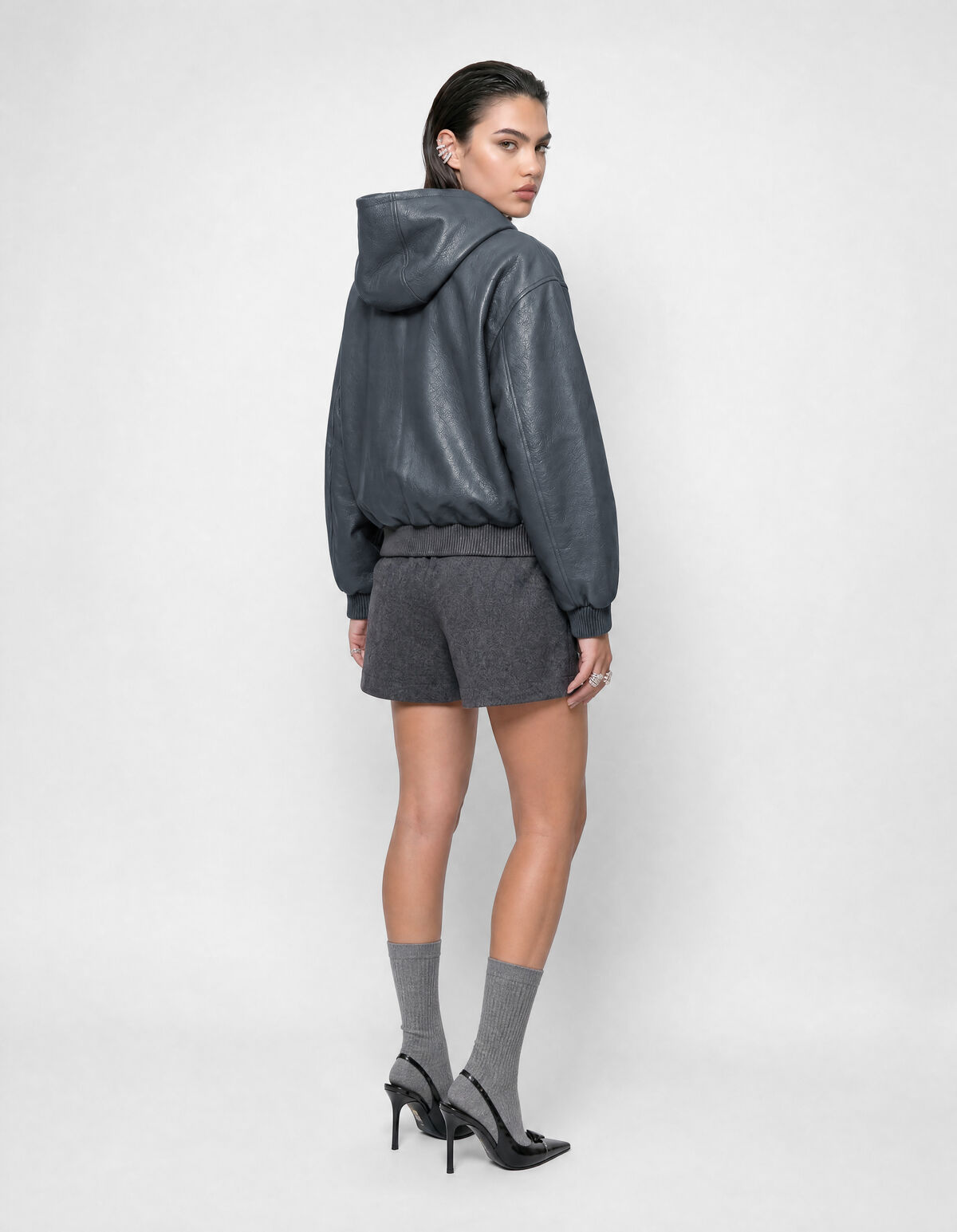 Vegan Leren Hooded Bomber Donkergrijs SHOEBY WOMEN