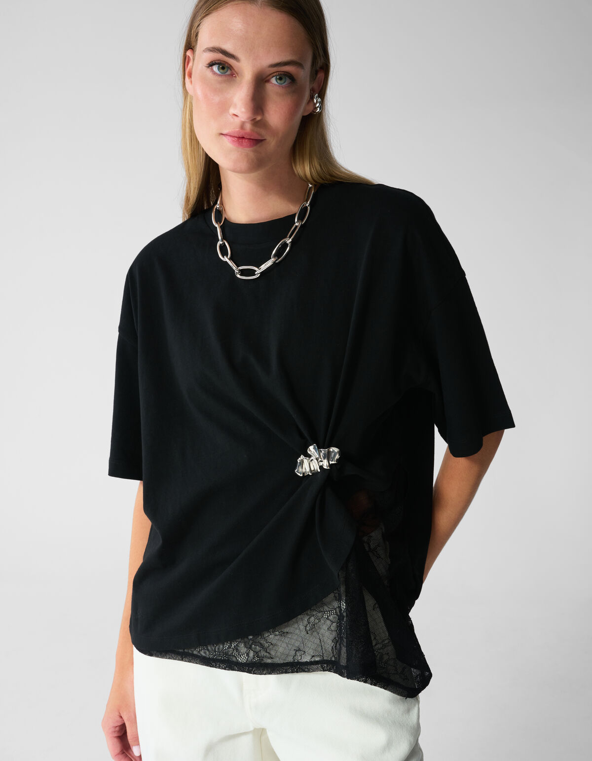 T-Shirt mit Spitzeneinsatz Schwarz SHOEBY WOMEN