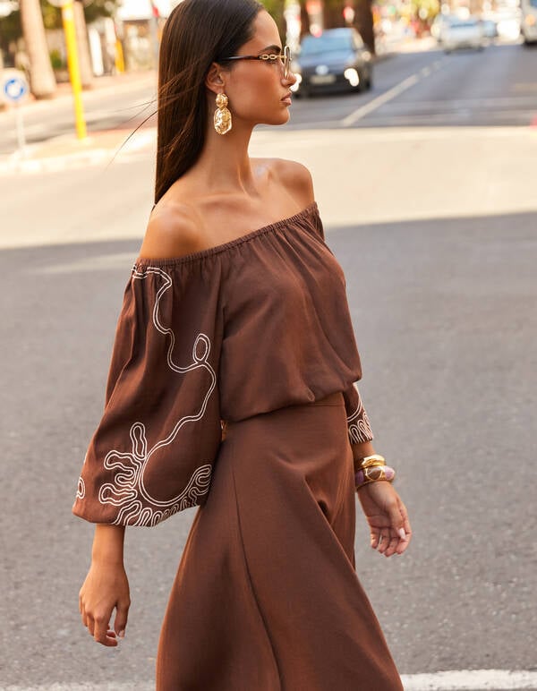 Stickerei Off-Shoulder-Top Braun SHOEBY WOMEN