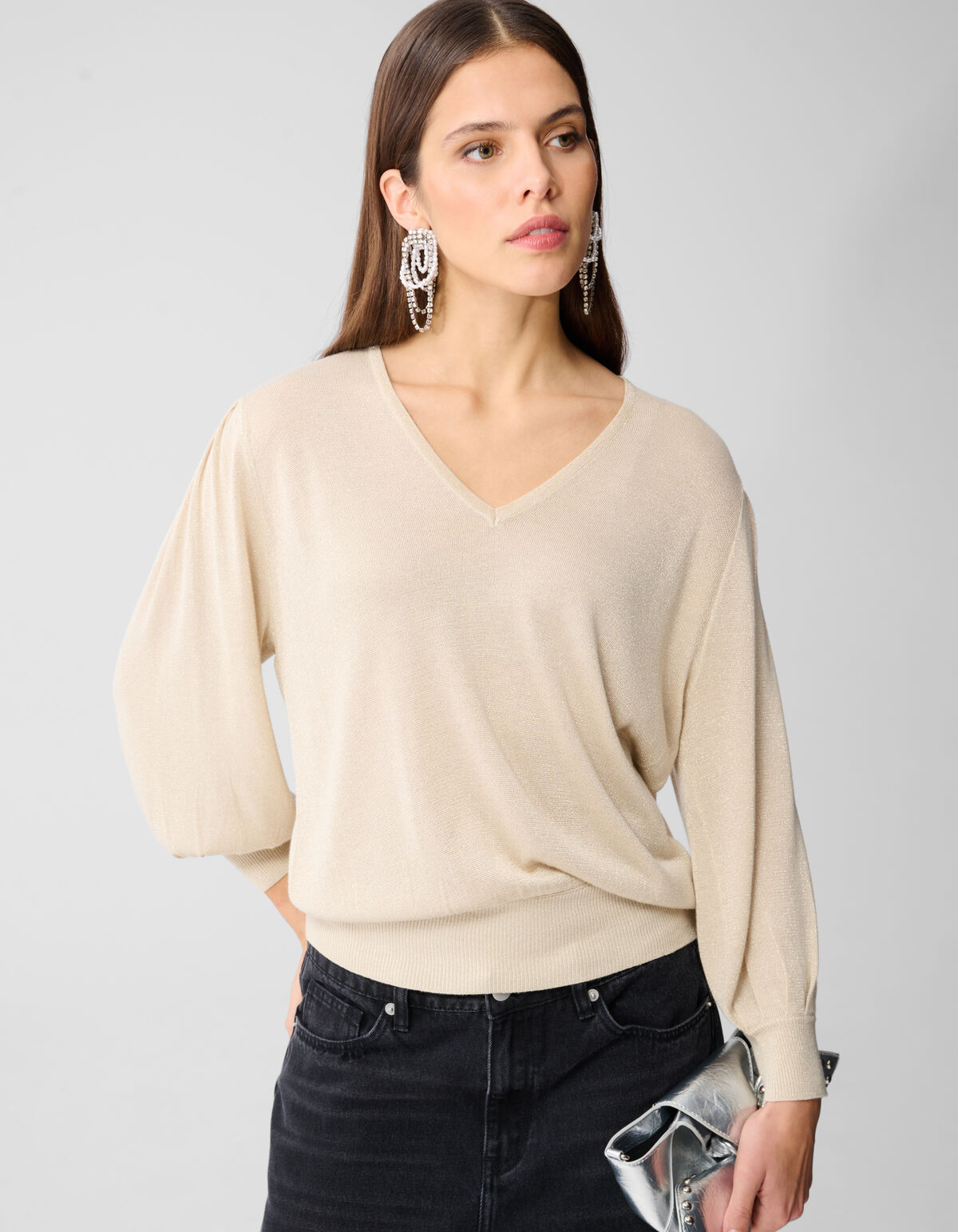 Glitzer-Pullover mit V-Ausschnitt Sand SHOEBY WOMEN