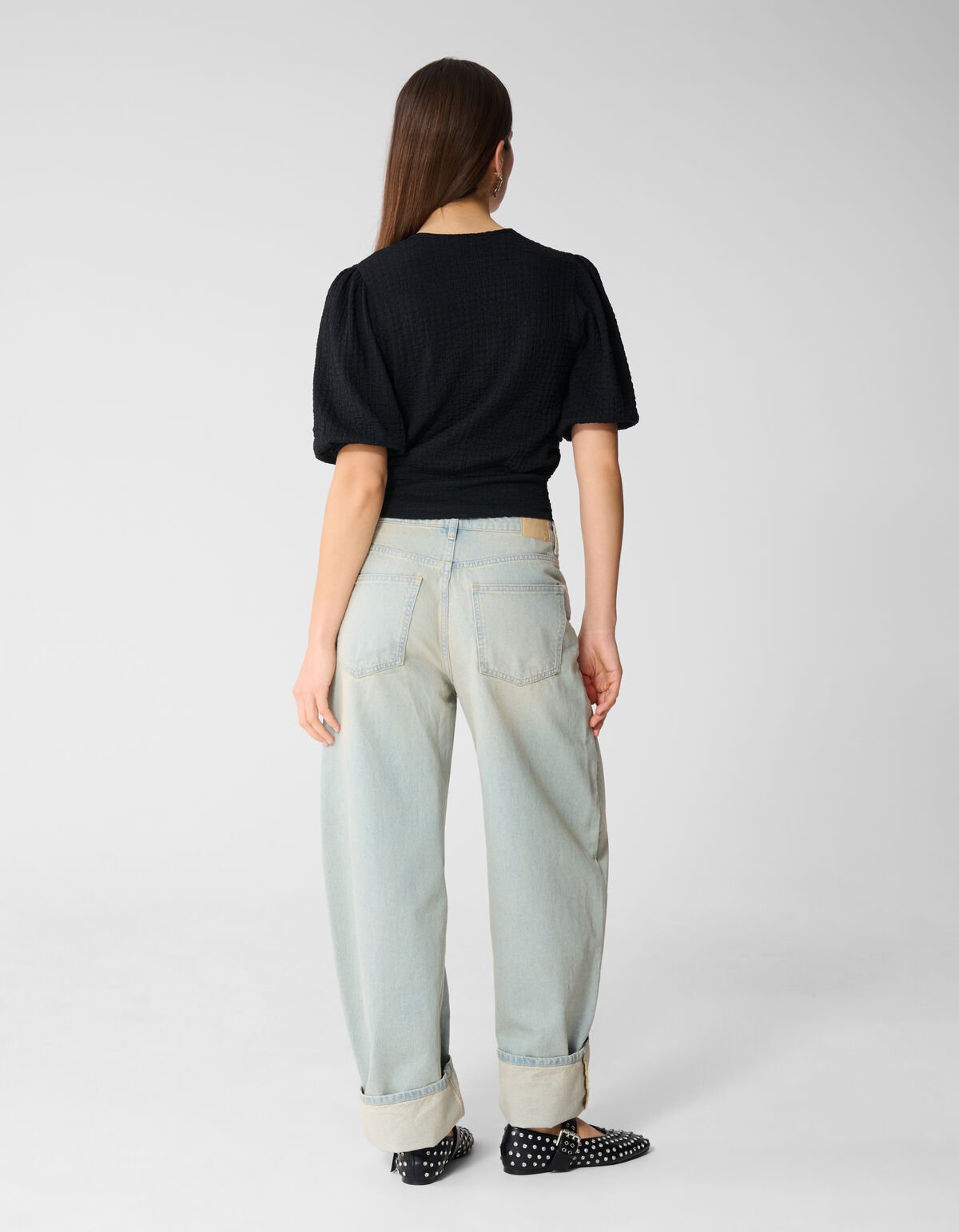 Ger&uuml;schtes V-Ausschnitt Top Schwarz SHOEBY WOMEN