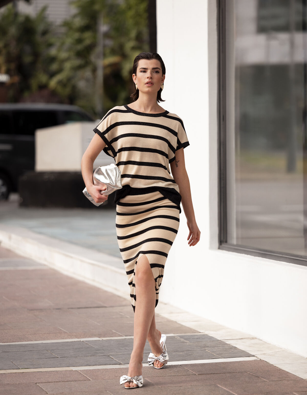 Glitter Gestreept T-shirt Gebroken Wit/Zwart SHOEBY WOMEN