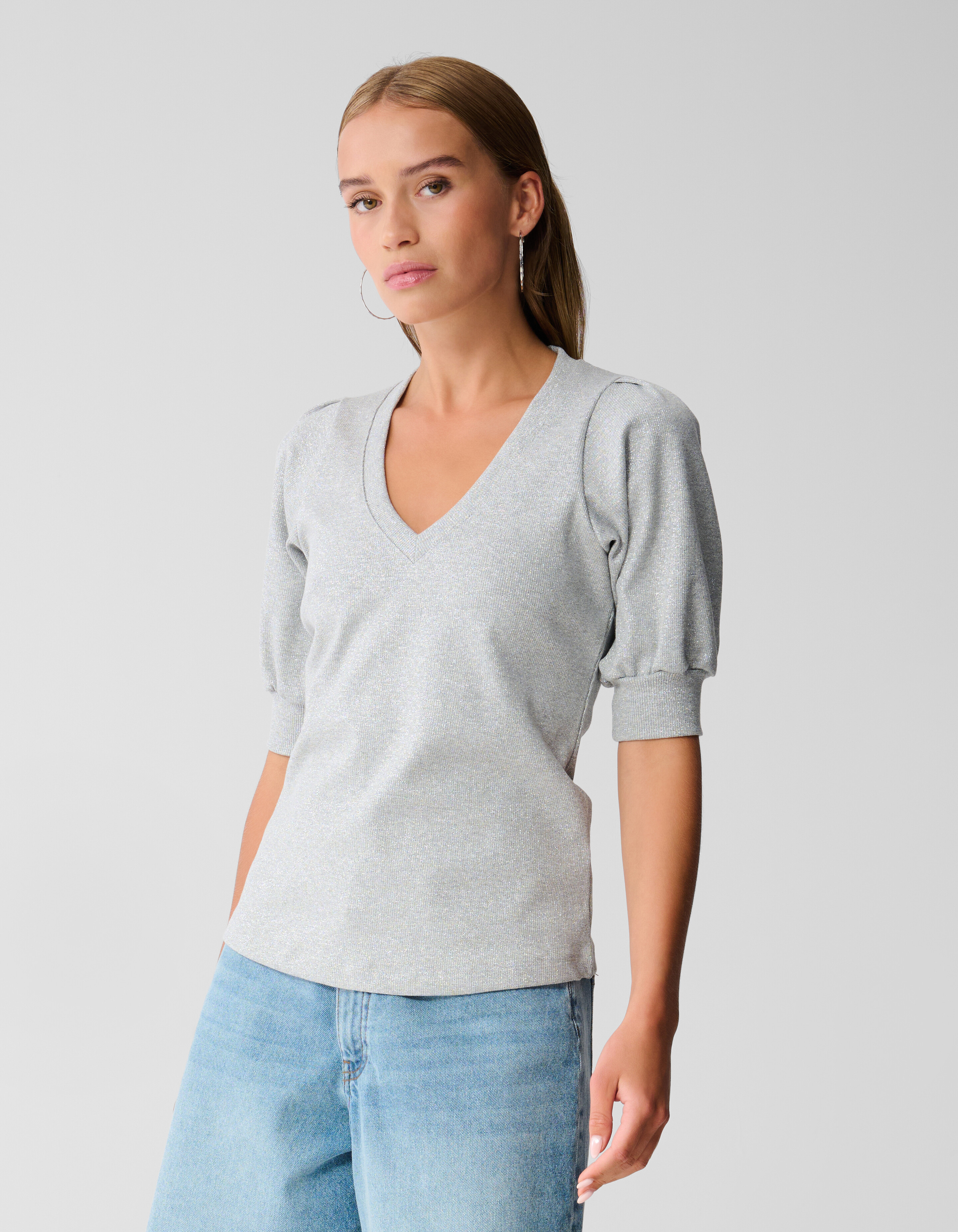 Puff-Top mit V-Ausschnitt Grau SHOEBY WOMEN