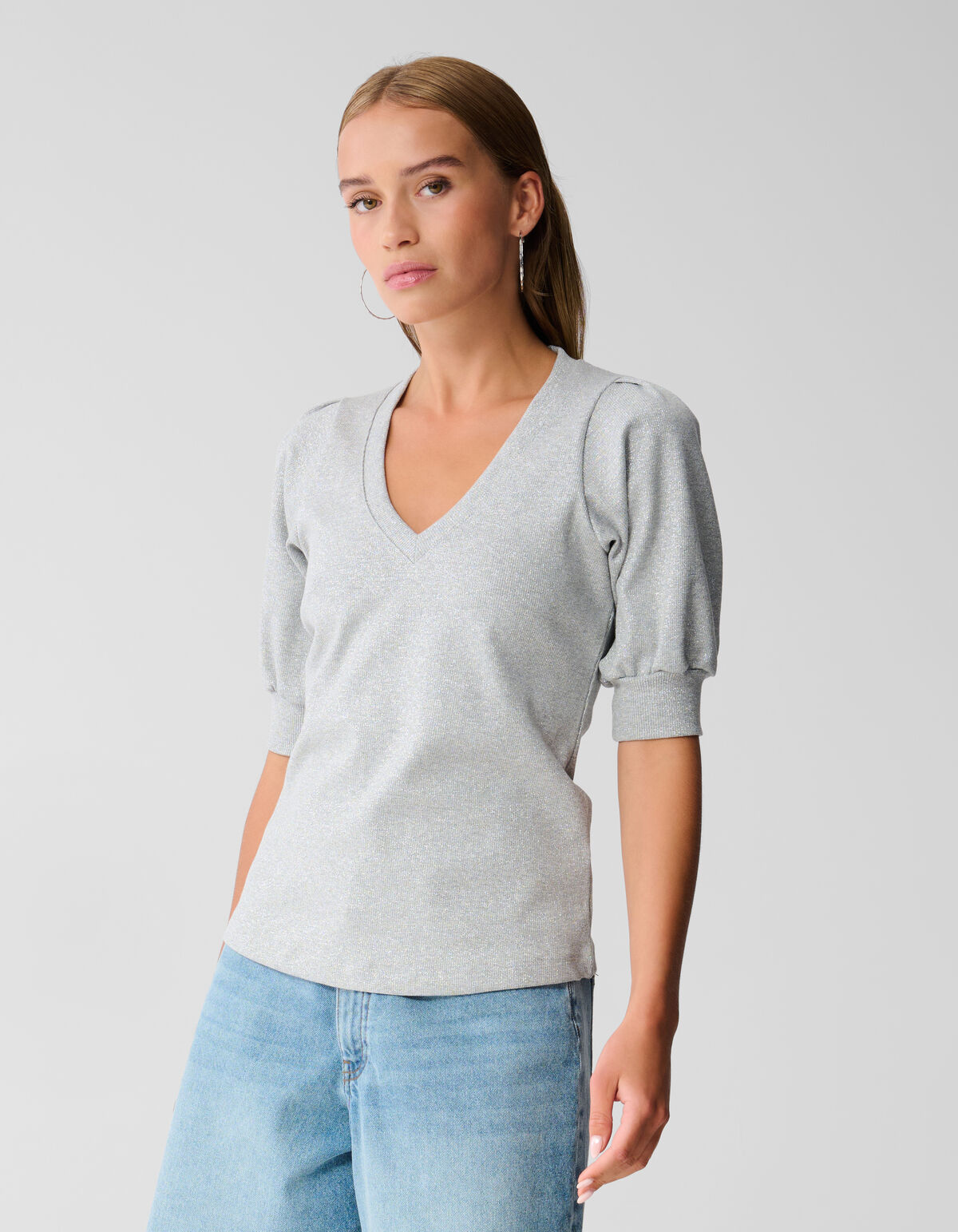 Lurex V-Ausschnitt Top Silber SHOEBY WOMEN