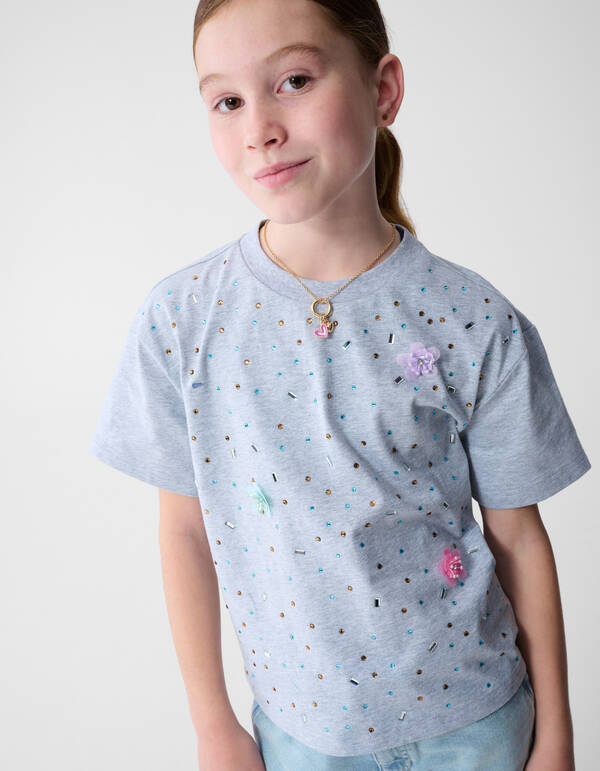 Graues T-Shirt mit Strassblumenmuster SHOEBY GIRLS