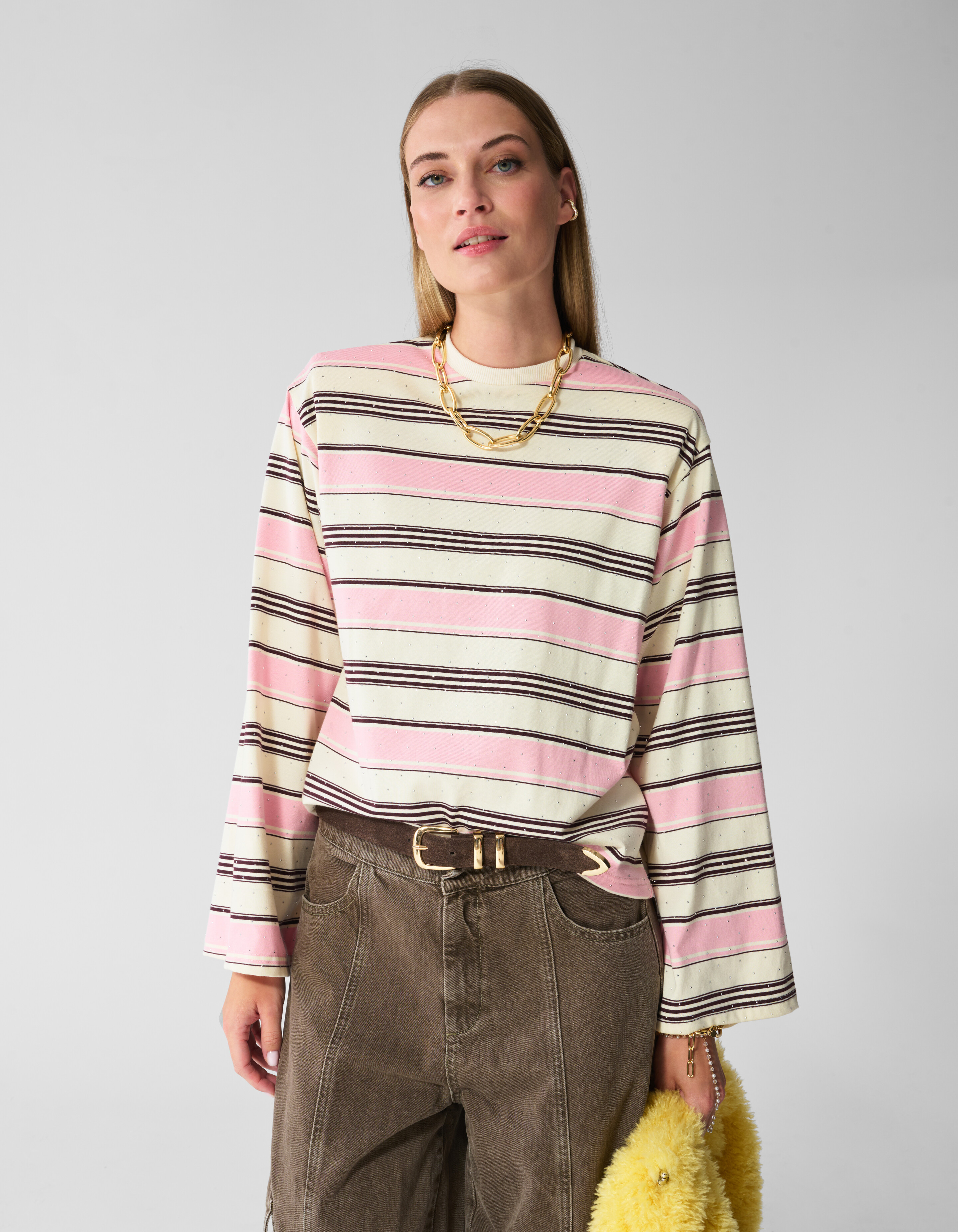 Gestreifte Strass-Langarmshirt Rosa SHOEBY WOMEN