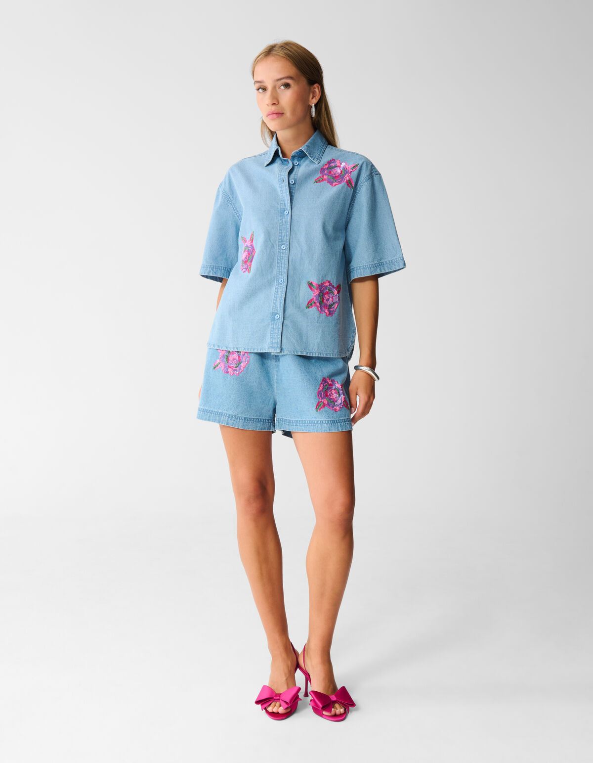 Übergroße Bluse aus Denim mit Pailletten Blau SHOEBY WOMEN