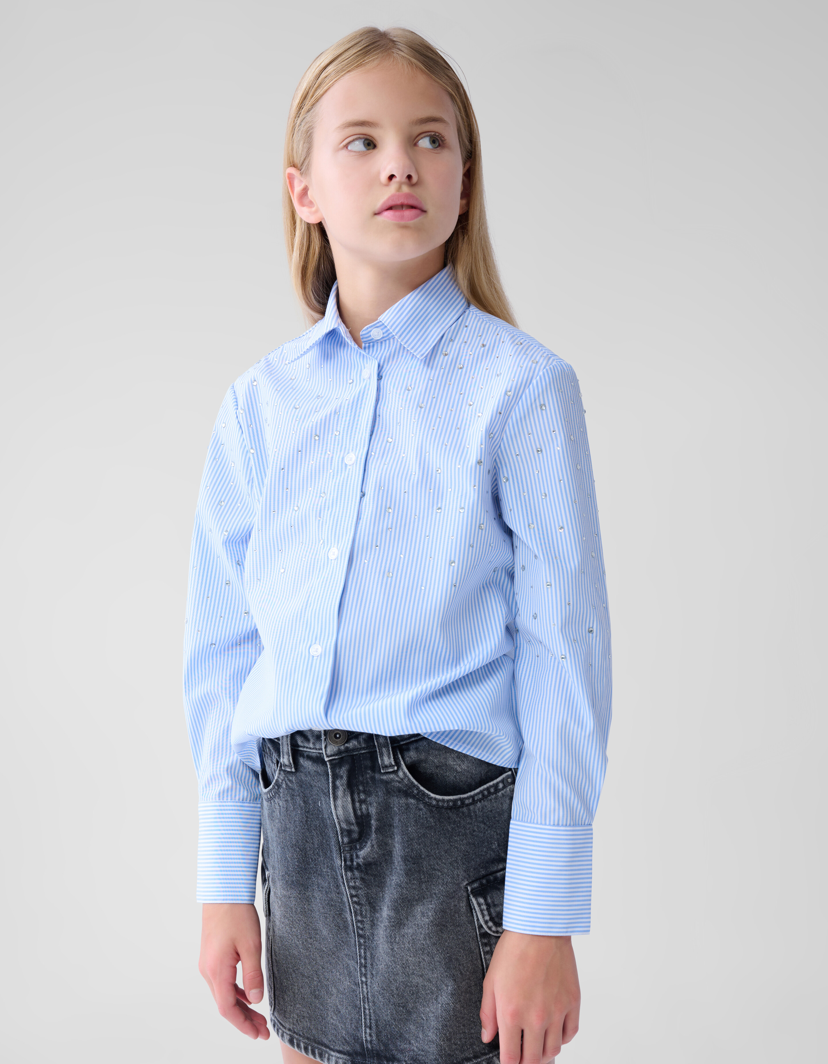 Gestreifte Strassbluse Hellblau/Weiß SHOEBY GIRLS