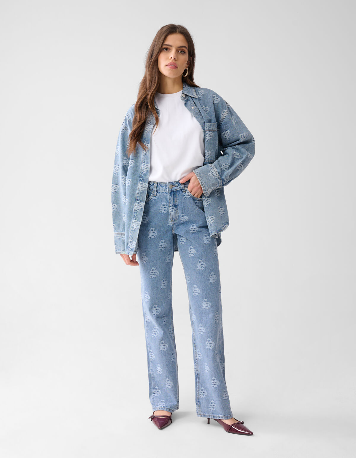 Jacquard Logo Straight Fit Jeans Mediumstone SHOEBY WOMEN