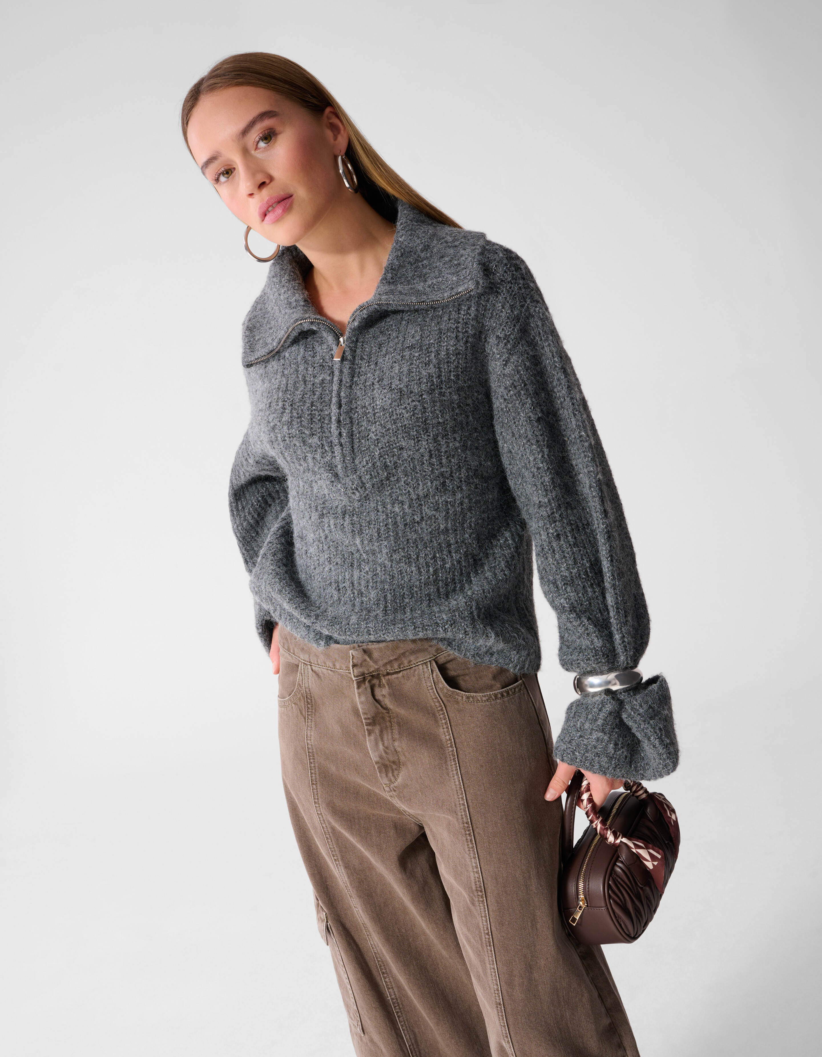 Zip Collar Strickpullover Grau SHOEBY WOMEN