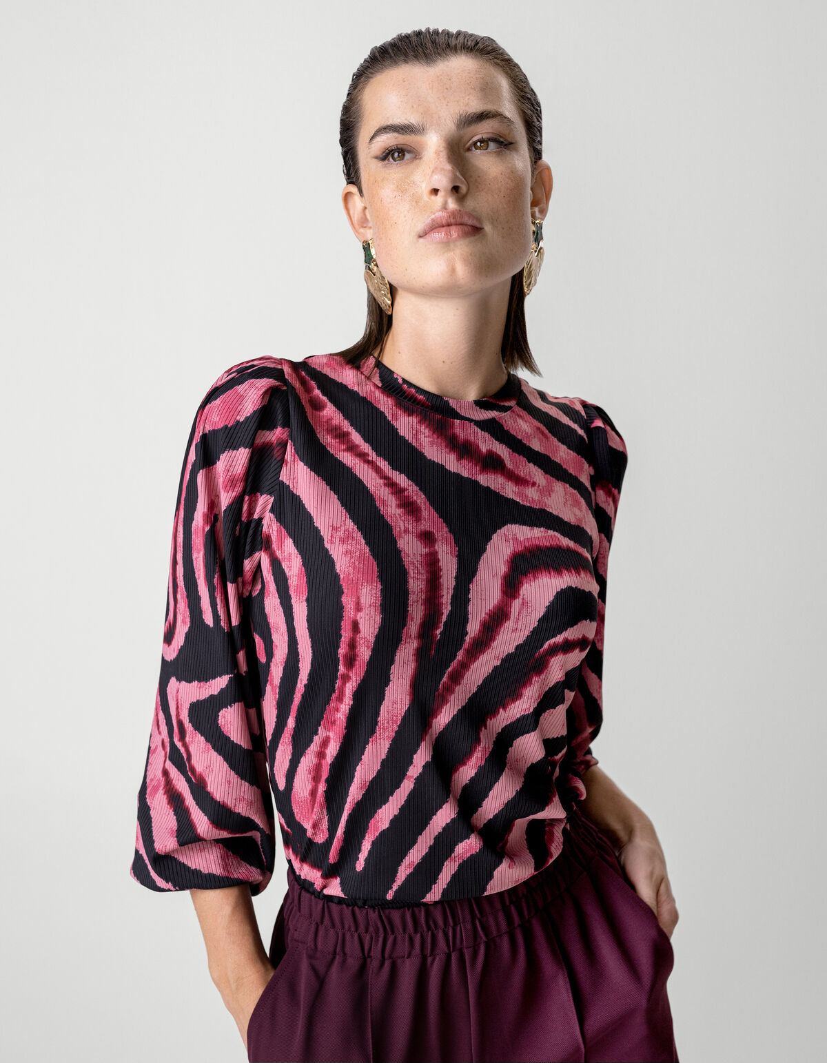 Bedrucktes Rippen-Langarmshirt Rosa SHOEBY WOMEN