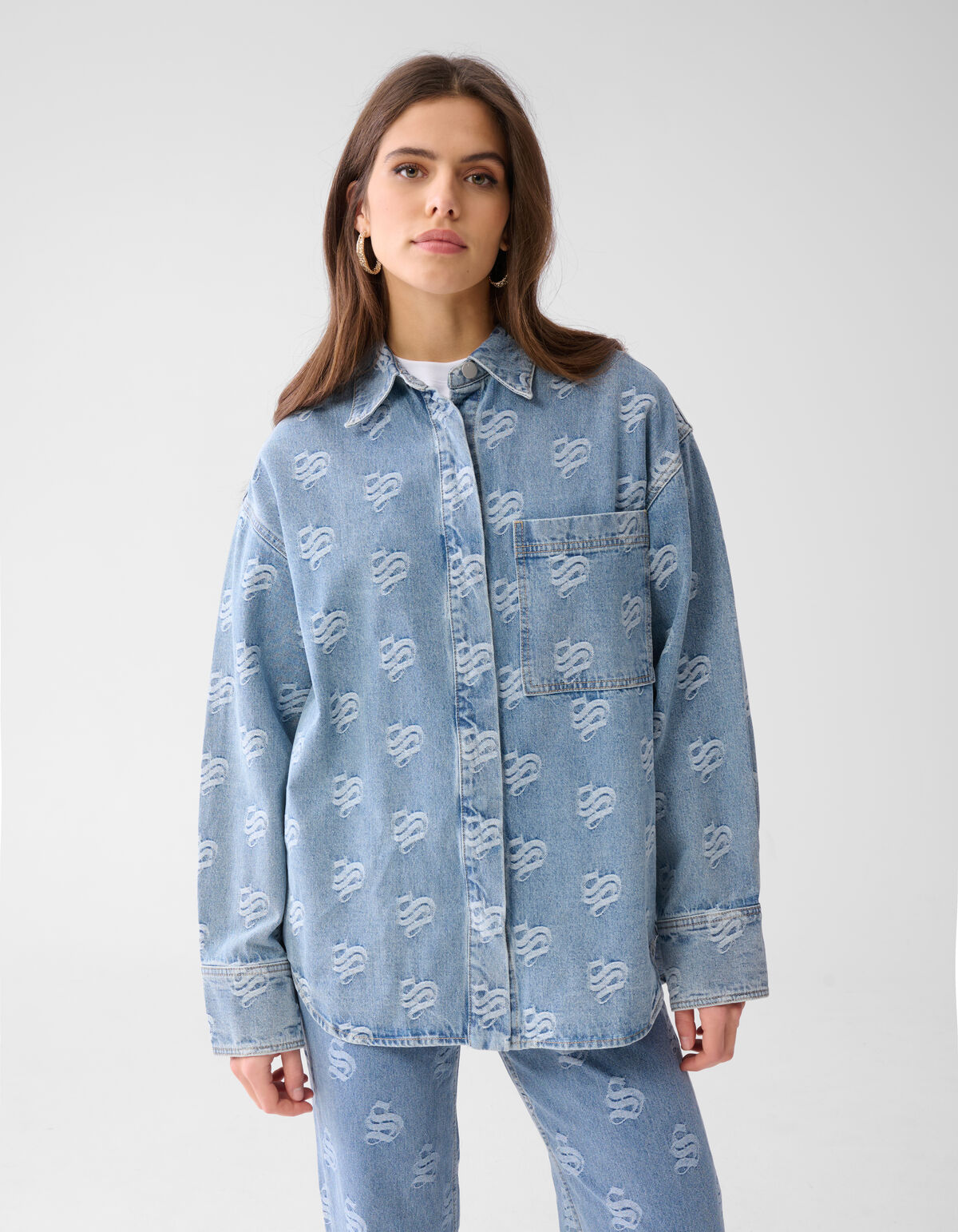Jacquard-Logo-Denim-Bluse Mediumstone SHOEBY WOMEN