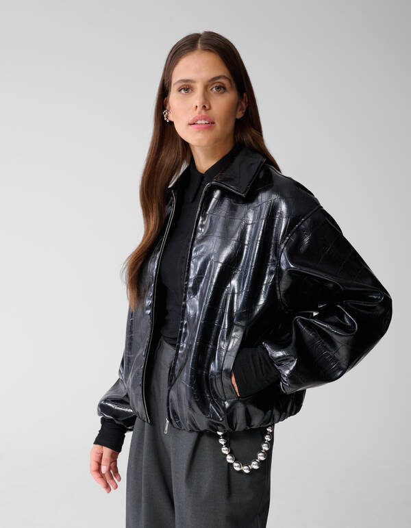 Oversized Croco Bomber Jacke Schwarz SHOEBY WOMEN