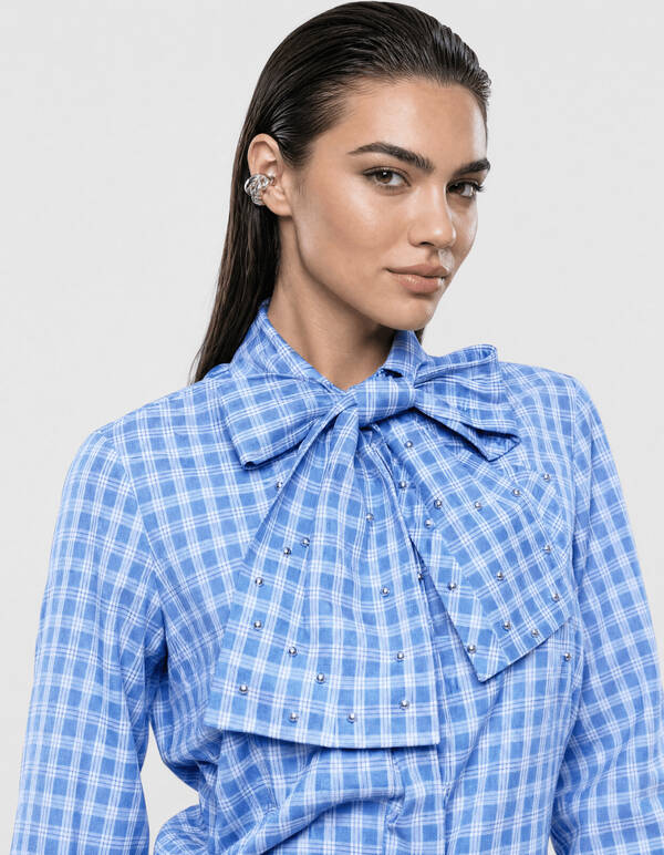 Karierte Bow-Bluse Blau SHOEBY WOMEN