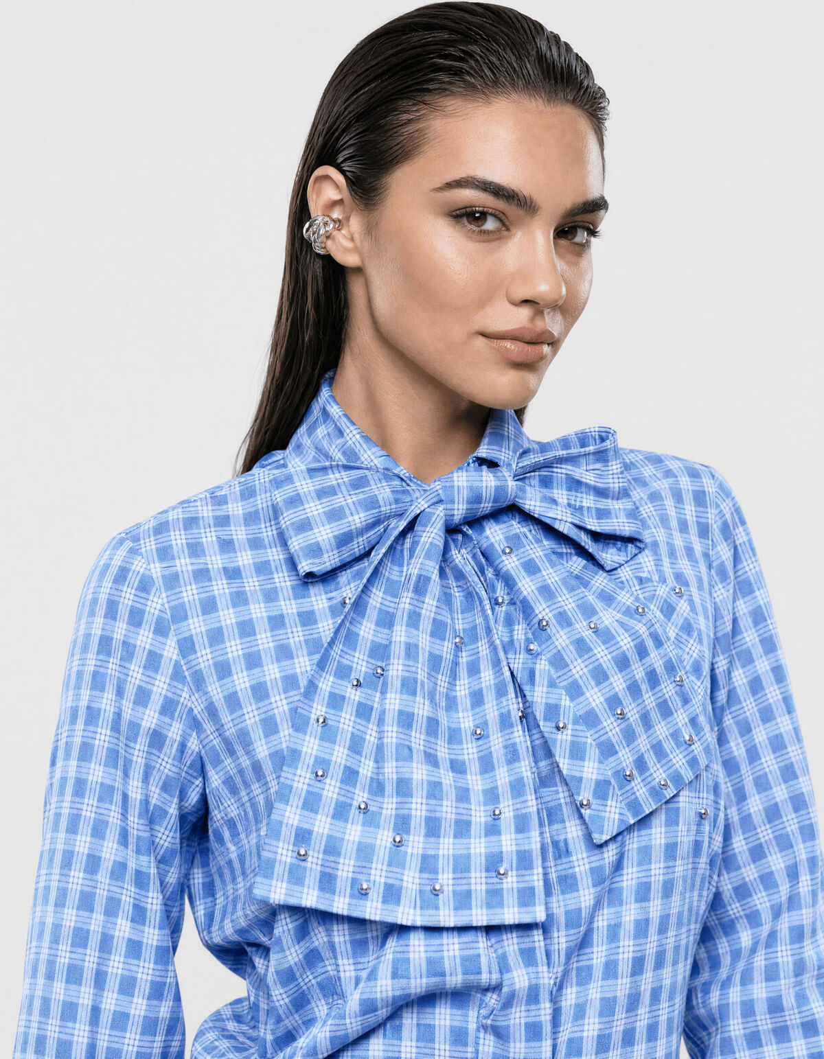 Karierte Bow-Bluse Blau SHOEBY WOMEN