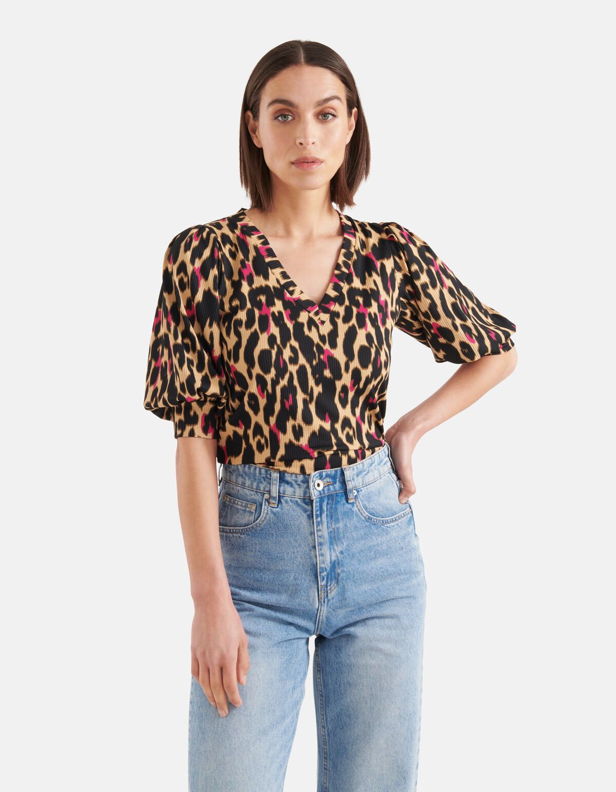 Leopard-Ripp-Top mit V-Ausschnitt Braun SHOEBY WOMEN