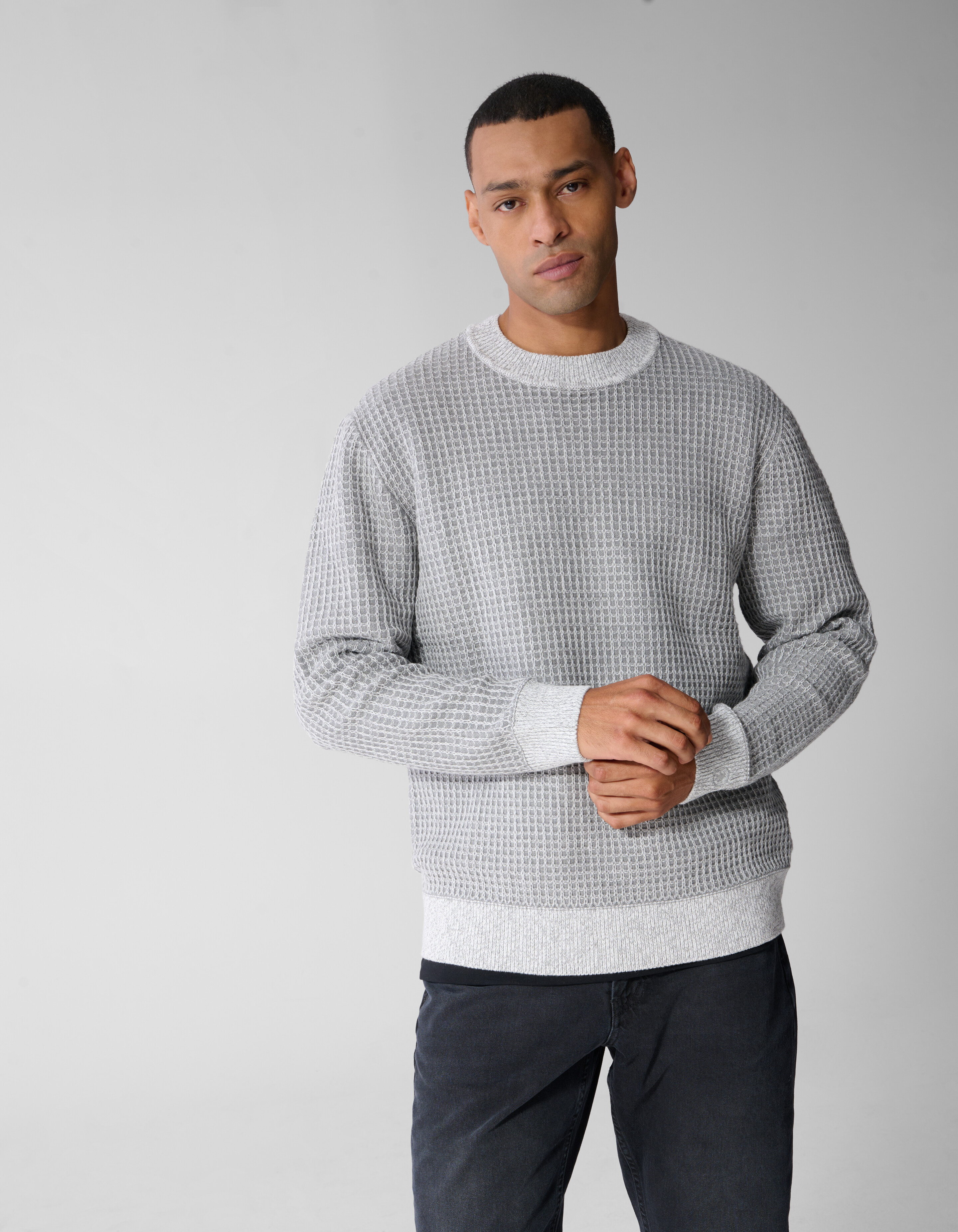 Waffel Strickpullover Mit Rundhalsausschnitt Hellg SHOEBY MEN