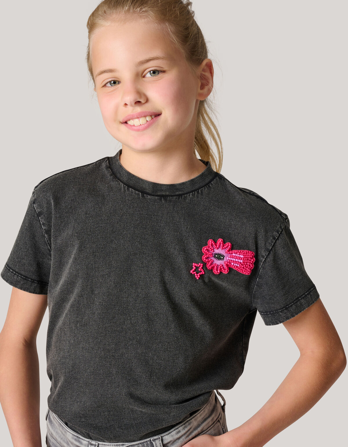 Embroidery T-shirt Donkergrijs SHOEBY GIRLS