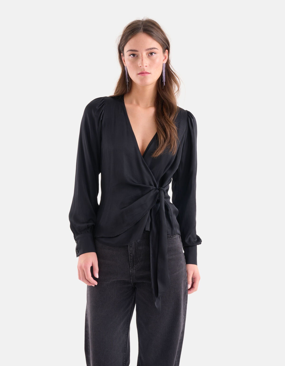 Satin-Wickelbluse Schwarz SHOEBY WOMEN