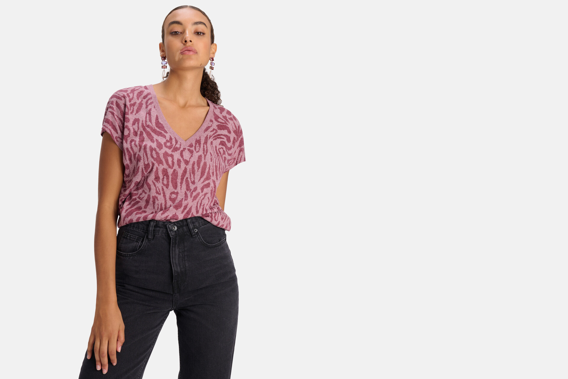 Leopardenmuster-T-Shirt mit V-Ausschnitt Lila SHOEBY WOMEN