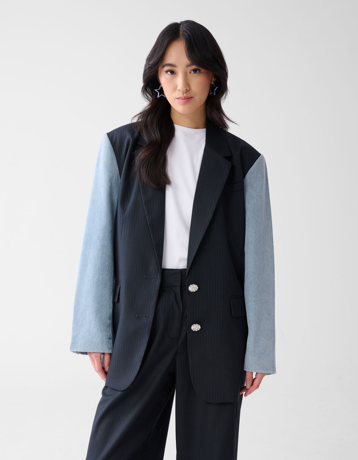 Blazer mit Nadelstreifen und Denim-Ärmeln Dunkelbl SHOEBY WOMEN