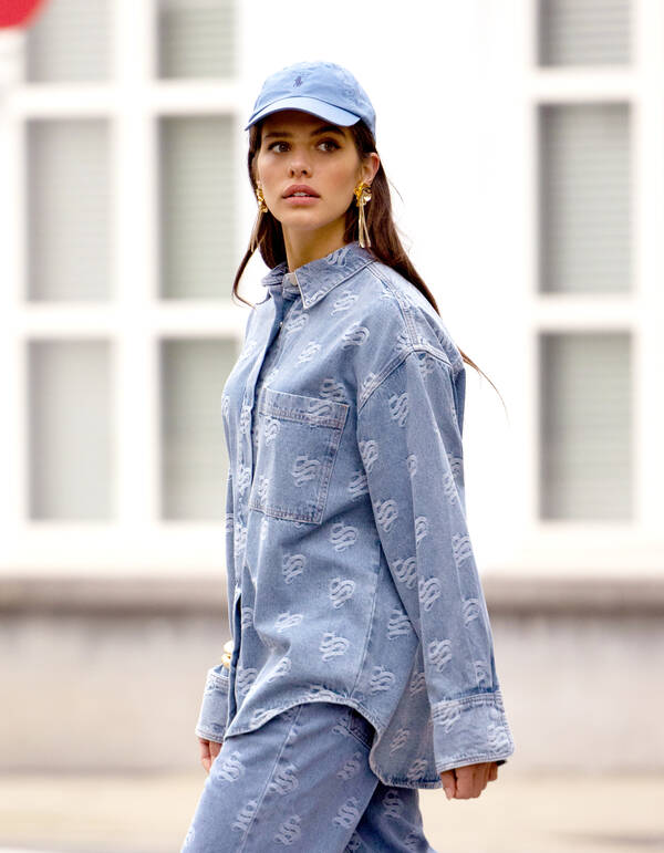 Jacquard-Logo-Denim-Bluse Mediumstone SHOEBY WOMEN