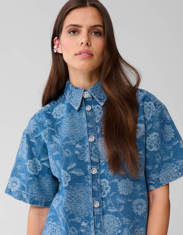 Übergroße Blume Denim Bluse Blauw SHOEBY WOMEN