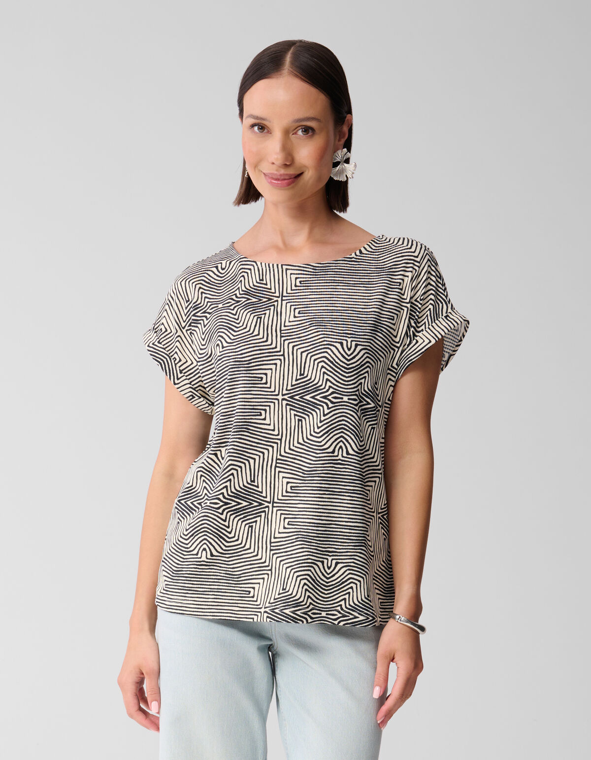 Bedrucktes Jersey-Rippen-Top Schwarz/Weiß SHOEBY WOMEN
