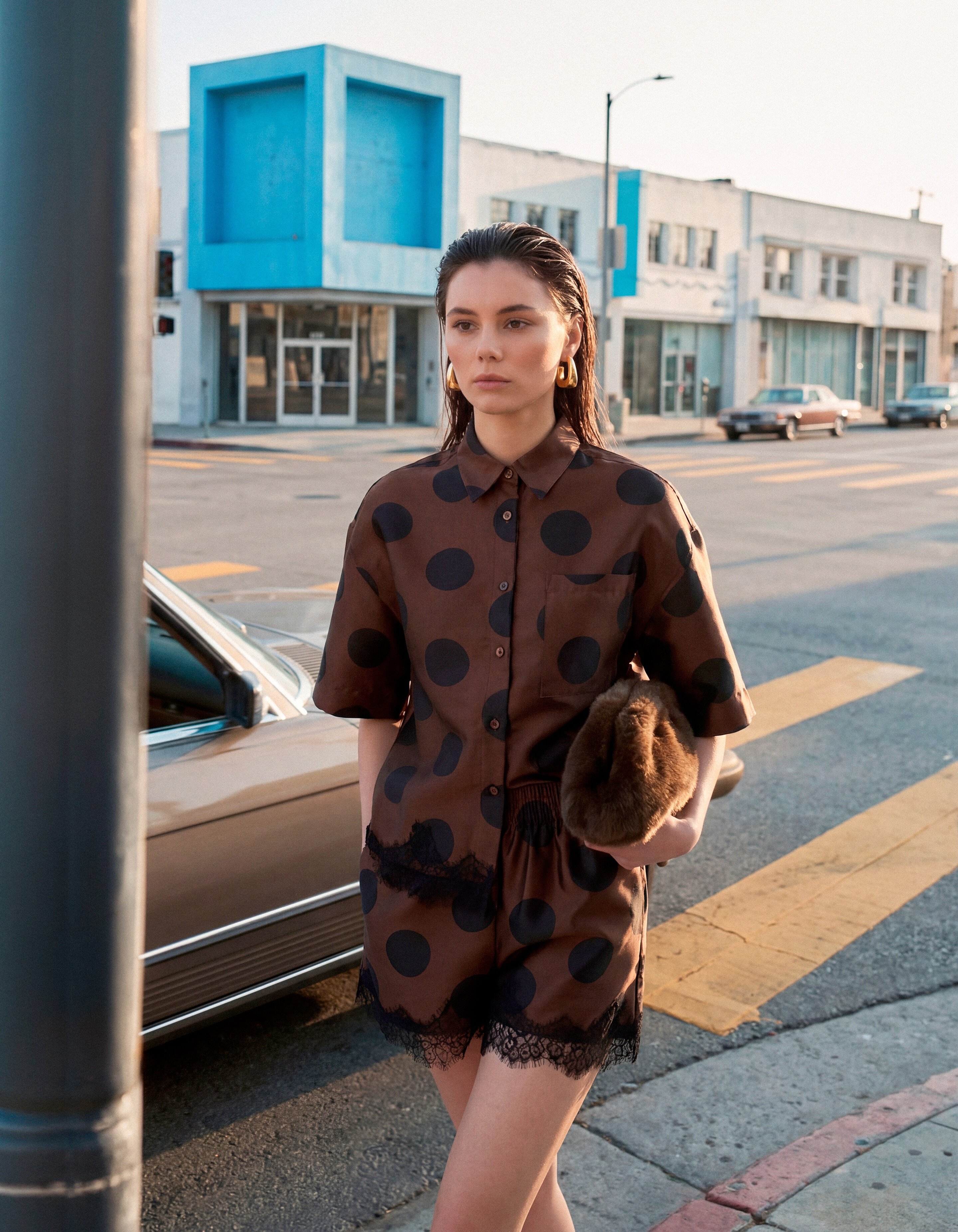 Oversized-Bluse aus Spitze mit Polka-Dots, braun SHOEBY WOMEN