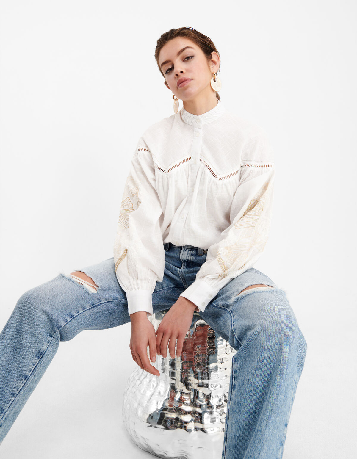 Bluse mit Stickerei und Pailletten Off White SHOEBY WOMEN