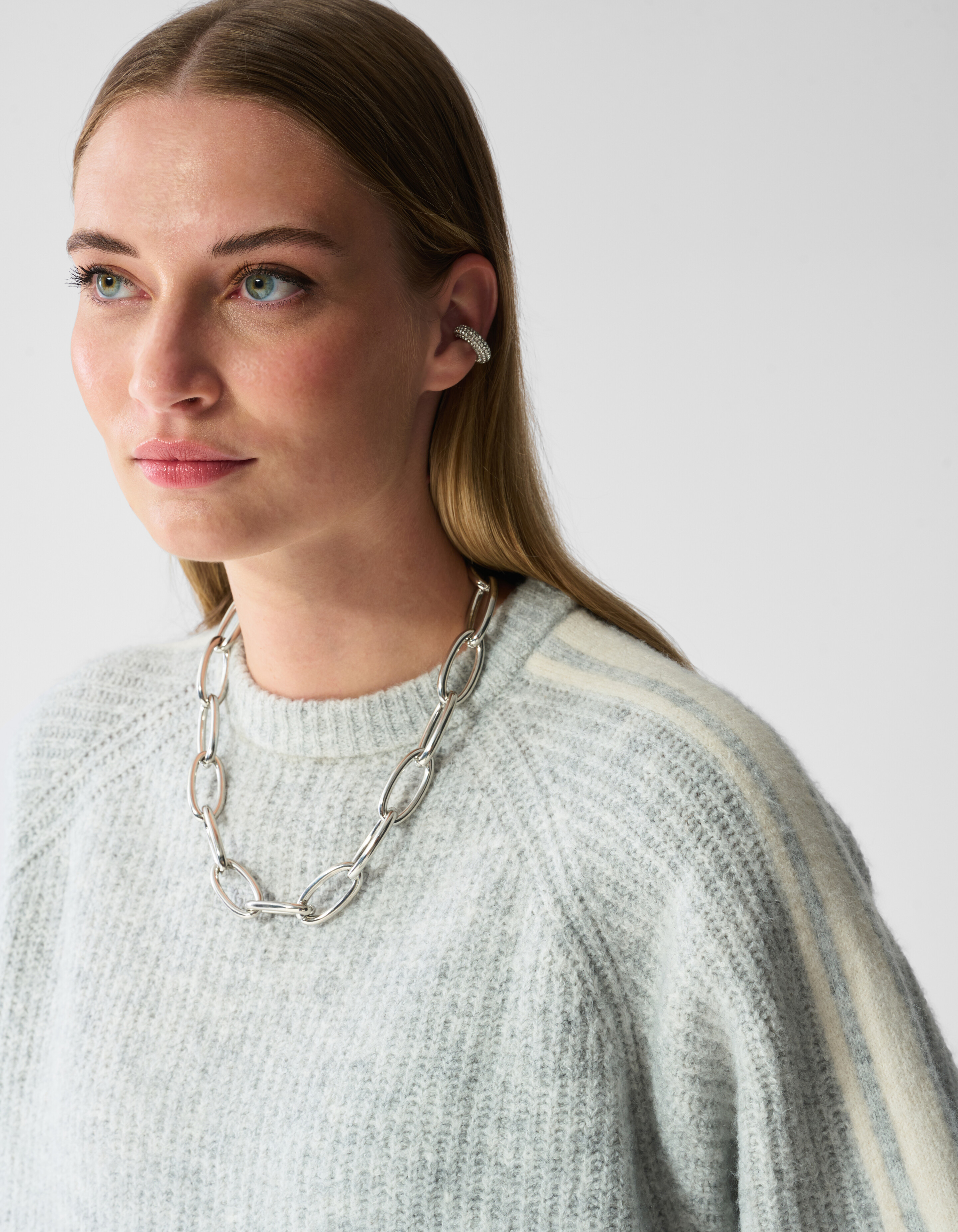 Gestreifter Pullover Mit Halblangen &Auml;rmel Hellgrau SHOEBY WOMEN