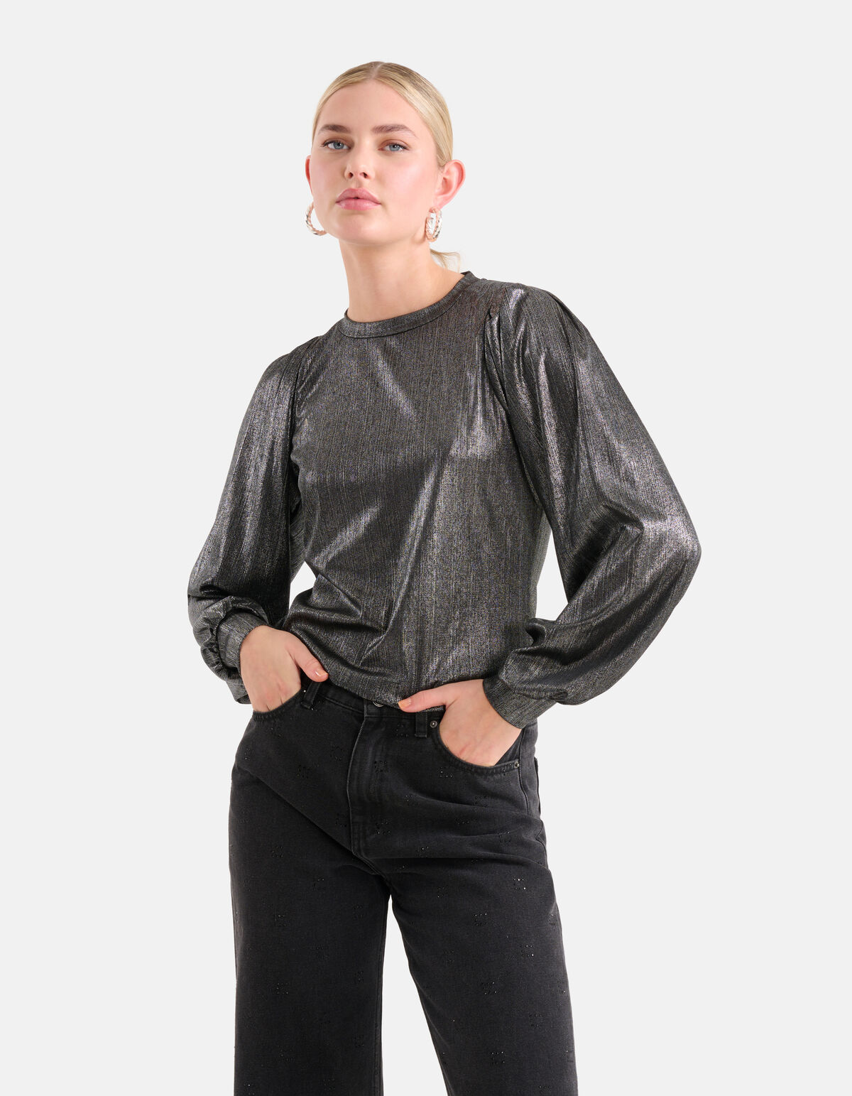 Glitzer-Langarmtop Schwarz SHOEBY WOMEN