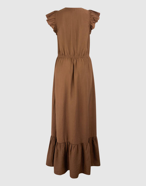 R&uuml;schen V-Ausschnitt Maxi Kleid Dunkelbraun SHOEBY WOMEN