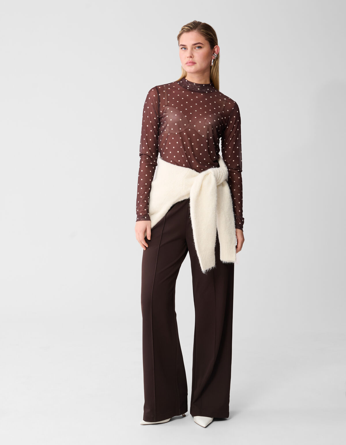 Dunkelbraunes Mesh-Dot-Top SHOEBY WOMEN