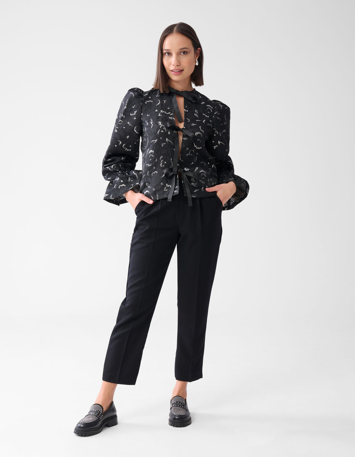 Jacquard Schleifen Top Schwarz SHOEBY WOMEN