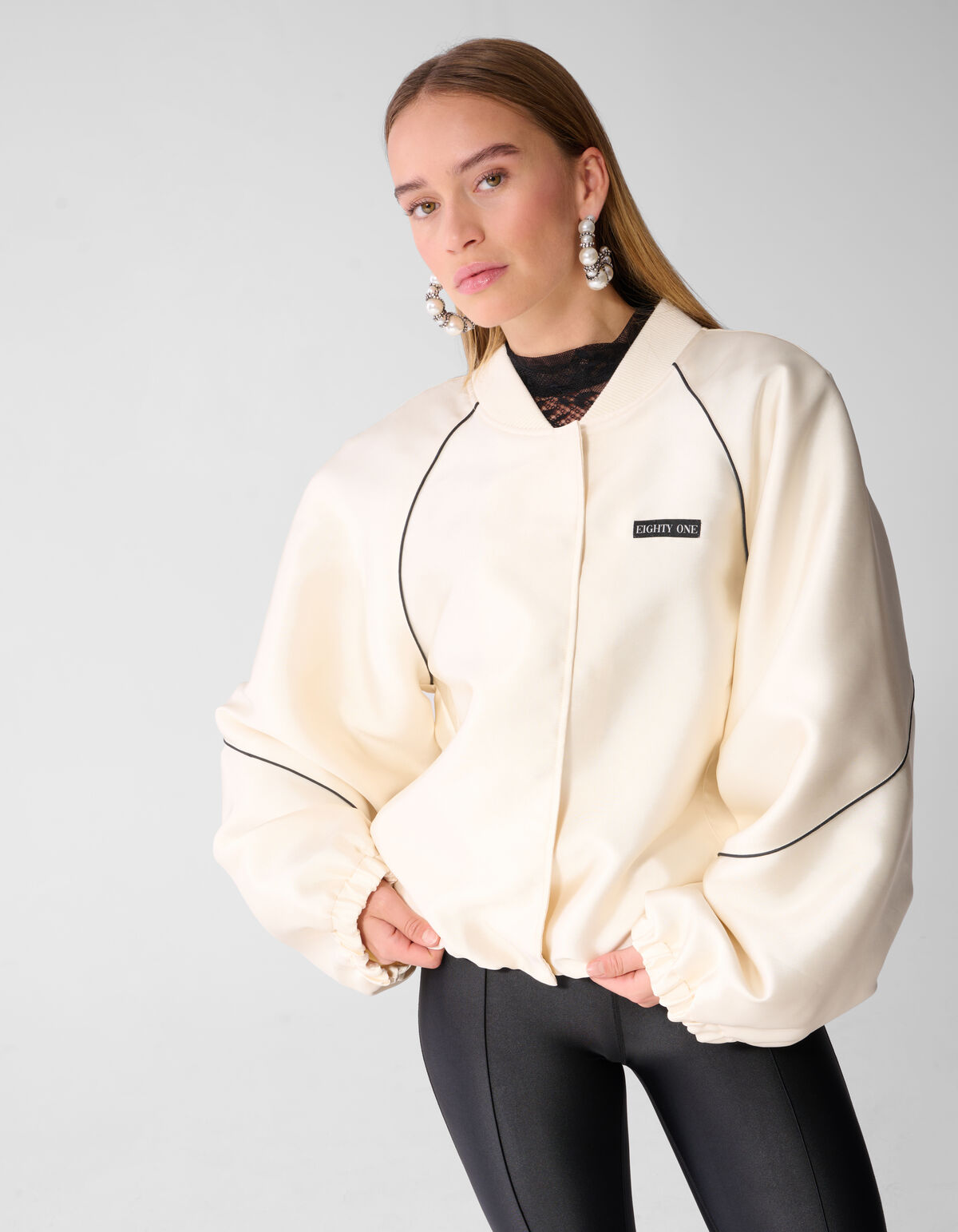 Oversized Sporty Piping Bomberjacke Ecru SHOEBY WOMEN