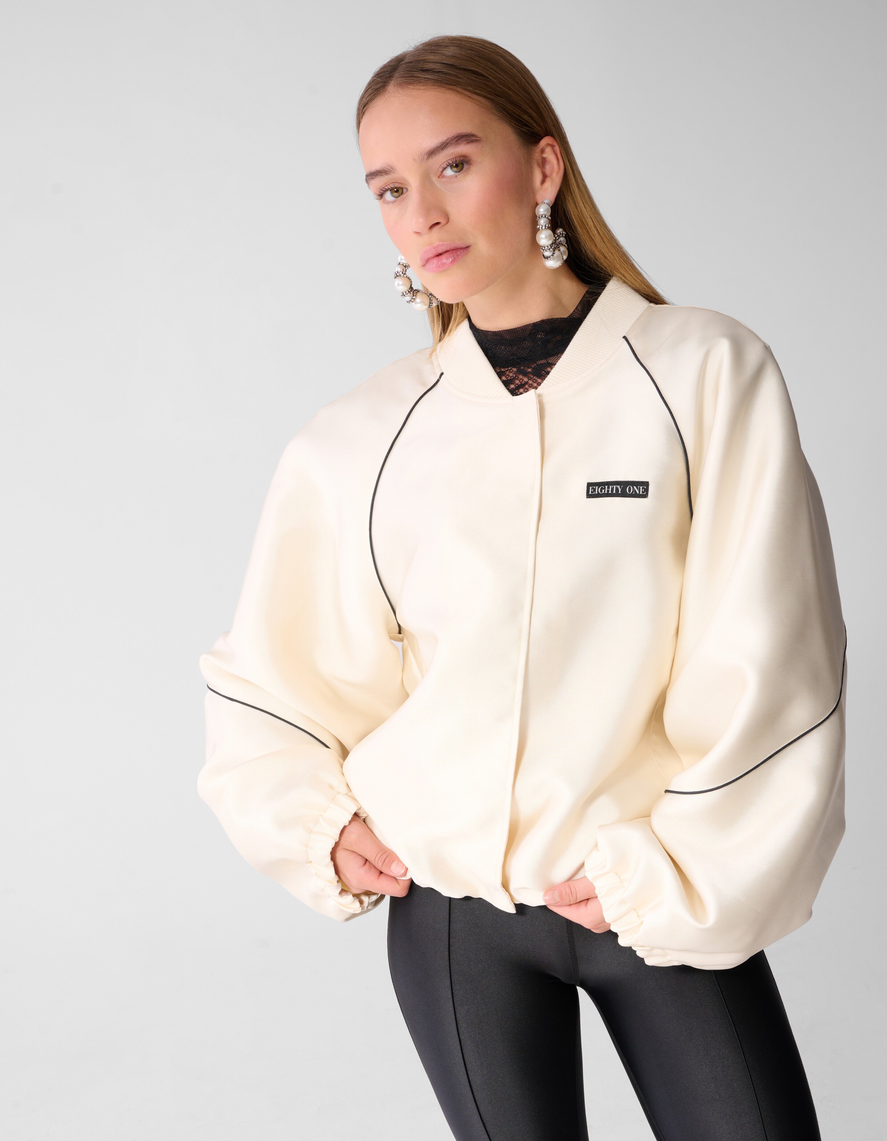 Oversized Sporty Piping Bomberjacke Ecru SHOEBY WOMEN