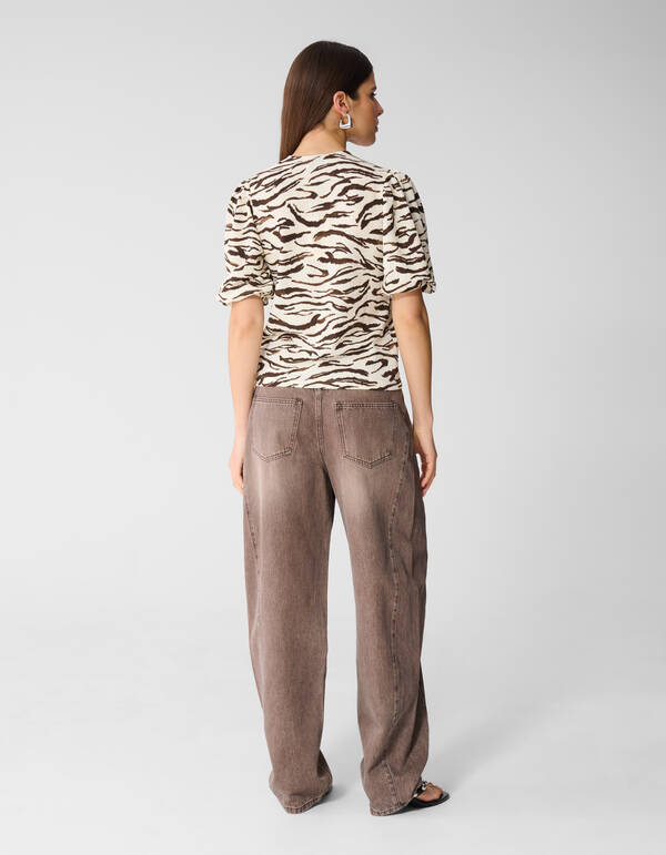 Zebra Crinkle V-Ausschnitt Top Gebrochenes Wei&szlig; SHOEBY WOMEN